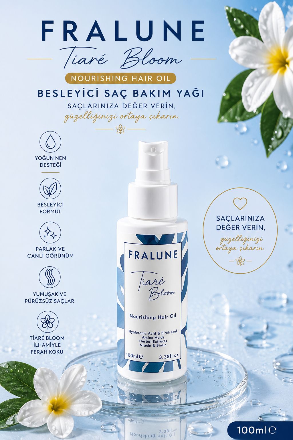 Fralune Besleyici Saç Bakım Yağı 100 ml | Parlaklık ve Yumuşaklık İçin Saç Ucu Bakımı