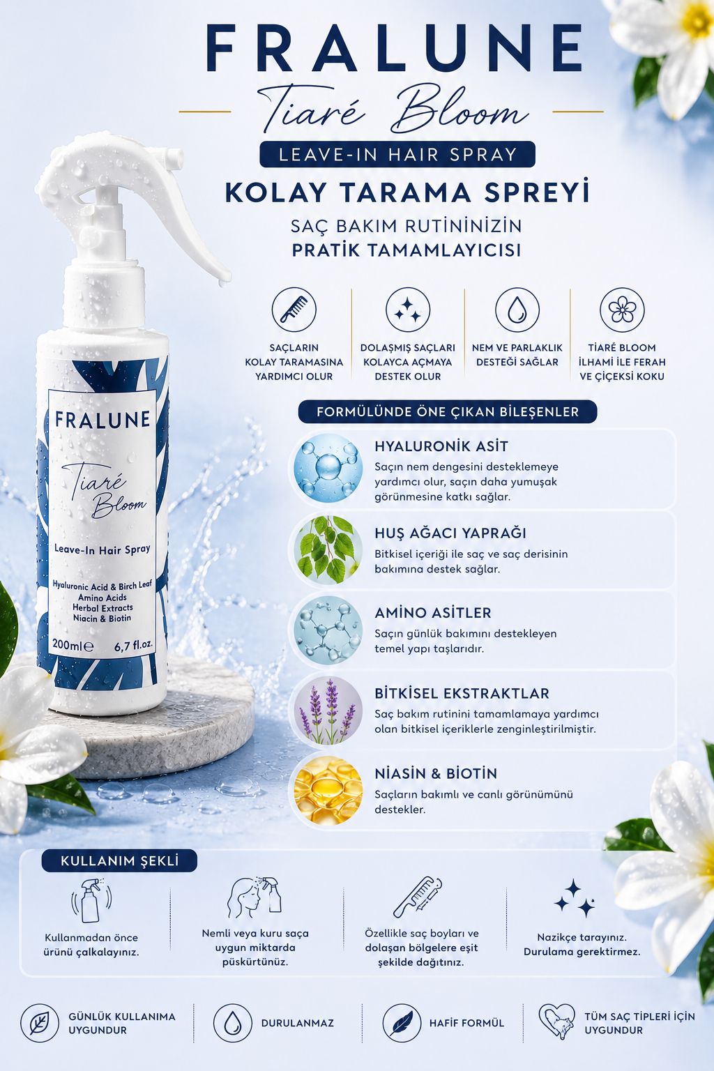 Fralune Kolay Tarama Saç Bakım Spreyi 200 ml | Saç Açıcı ve Durulanmayan Saç Bakımı